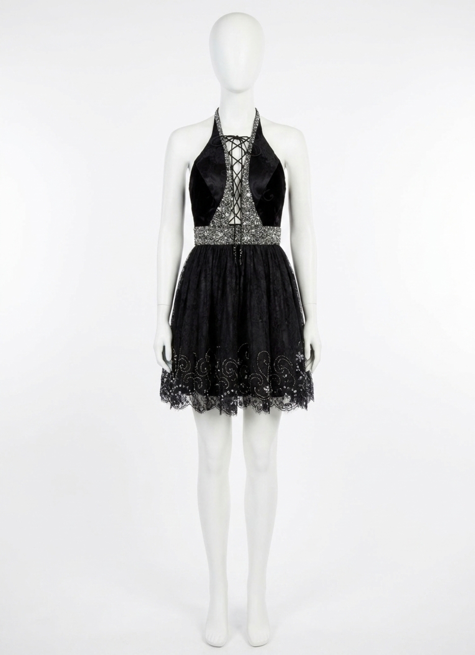 NEW RACHEL ALLAN lace open back short prom dress in black